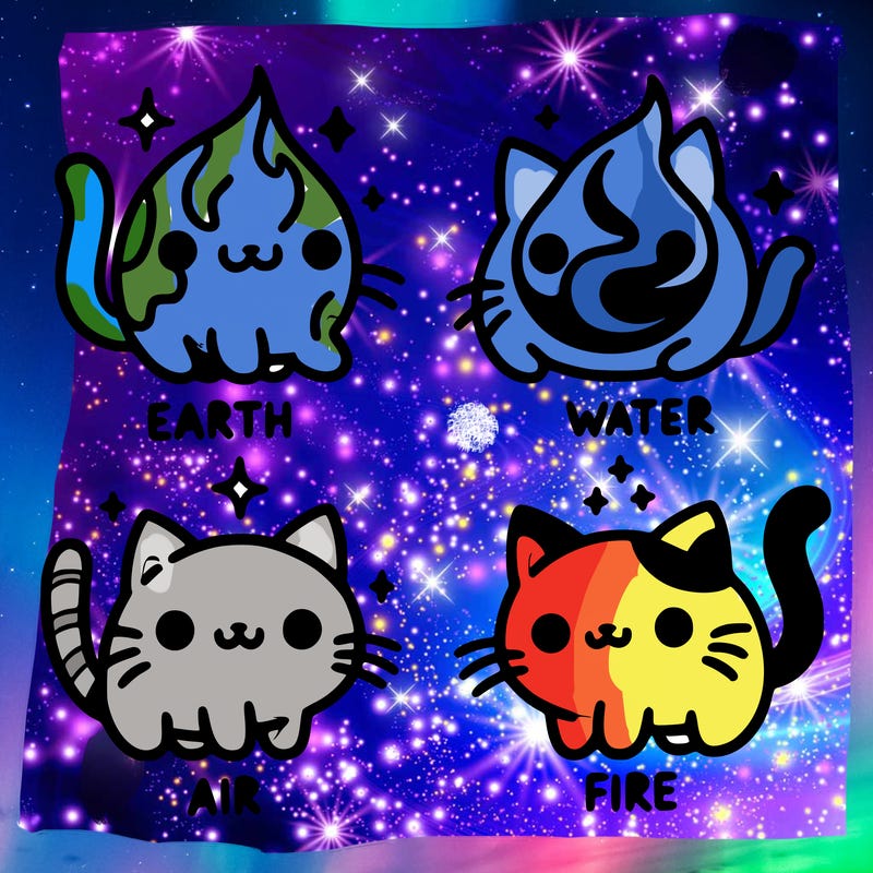 4 cats that represent the different elements, earth, water, air, and fire