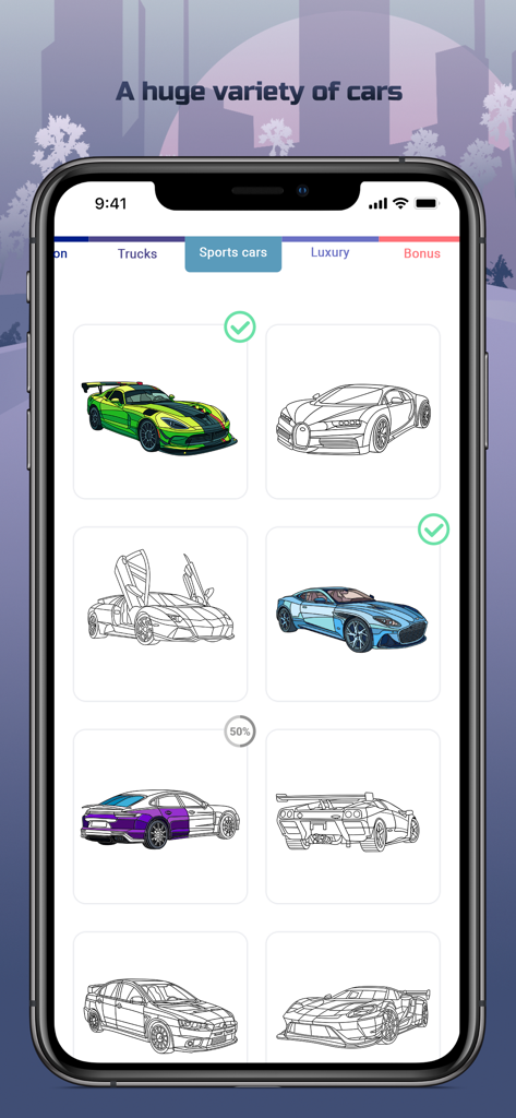 Cars Color By Number - A selection of sports cars to color in the Cars Color By Number mobile app gallery.