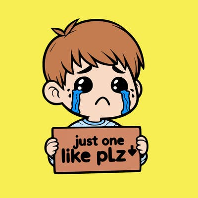 realistic crying boy with a sign saying just one like plz