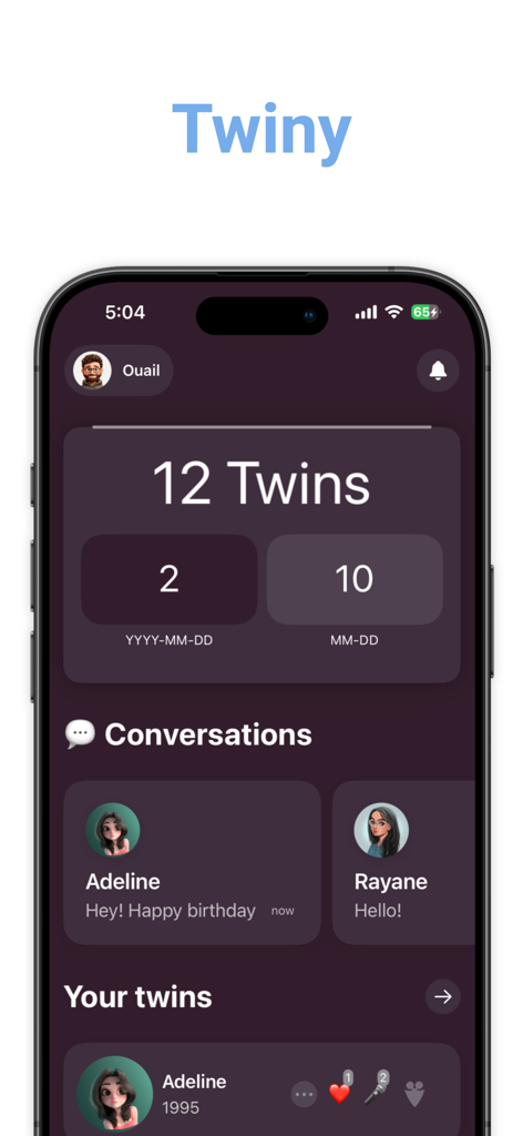Twiny - Find your twins - Twiny app home screen showing twelve birthday twins and social conversation previews.