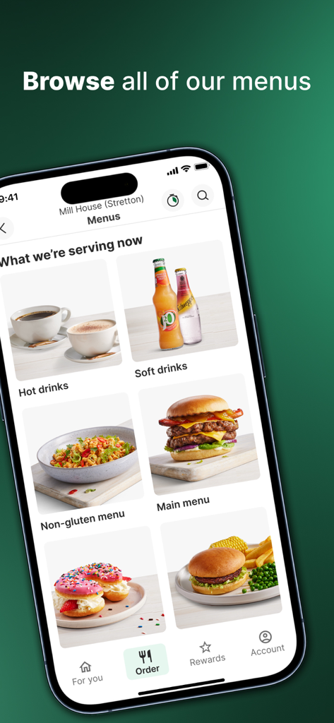 Greene King mobile app interface displaying various food and drink menu categories