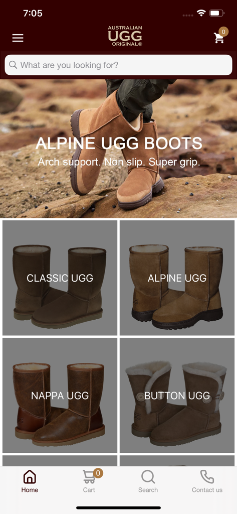 Original Australian Ugg AUD - Home screen of the Original Australian Ugg app displaying different sheepskin boot collections like Classic and Alpine