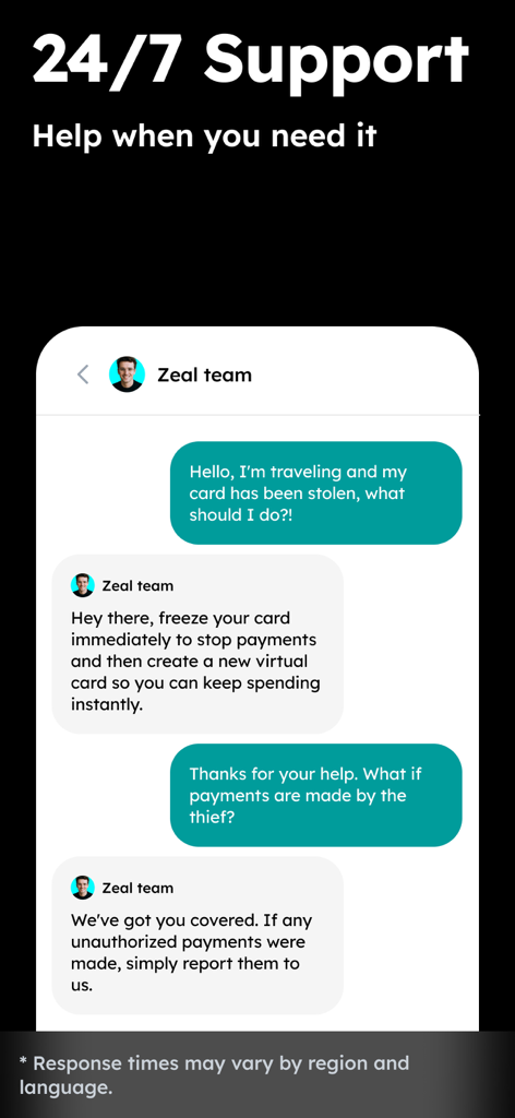 Zeal: Digital Wallet & Card - Interfaccia dell'app Zeal che mostra la chat di supporto clienti 24/7 per assistenza con carte rubate
