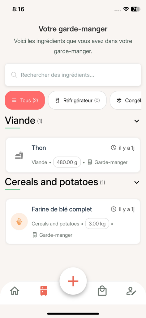 Kook • AI-powered Cooking - Screenshot of the Kook app digital pantry screen displaying food categories and ingredient list.