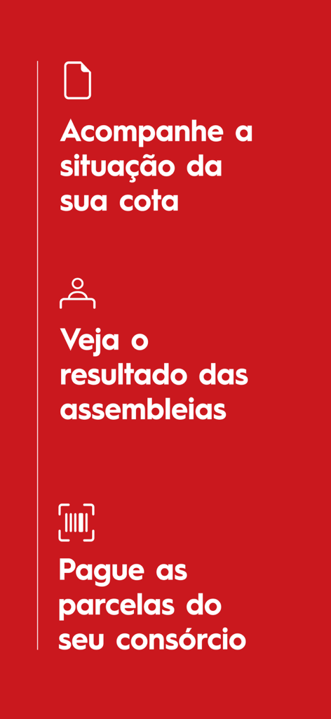 Mobile app screen for Consórcio Embracon showing options to track quota status, view assembly results, and pay installments on a red background.