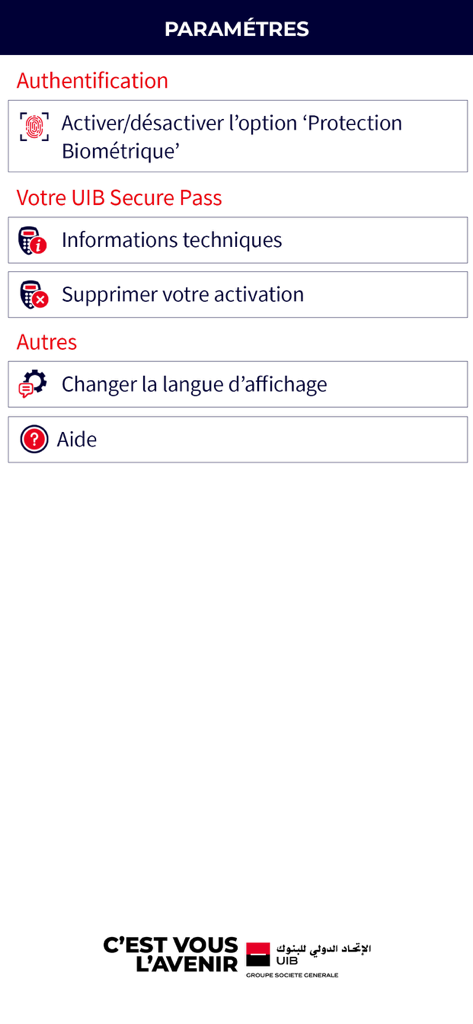 Interface de configurações do aplicativo UIB Authenticator exibindo opções de segurança biométrica e preferências de idioma