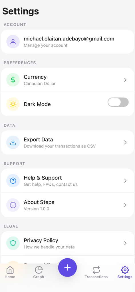 Steps Budget Tracker - Settings menu of the Steps Budget Tracker app showing account preferences and data export options