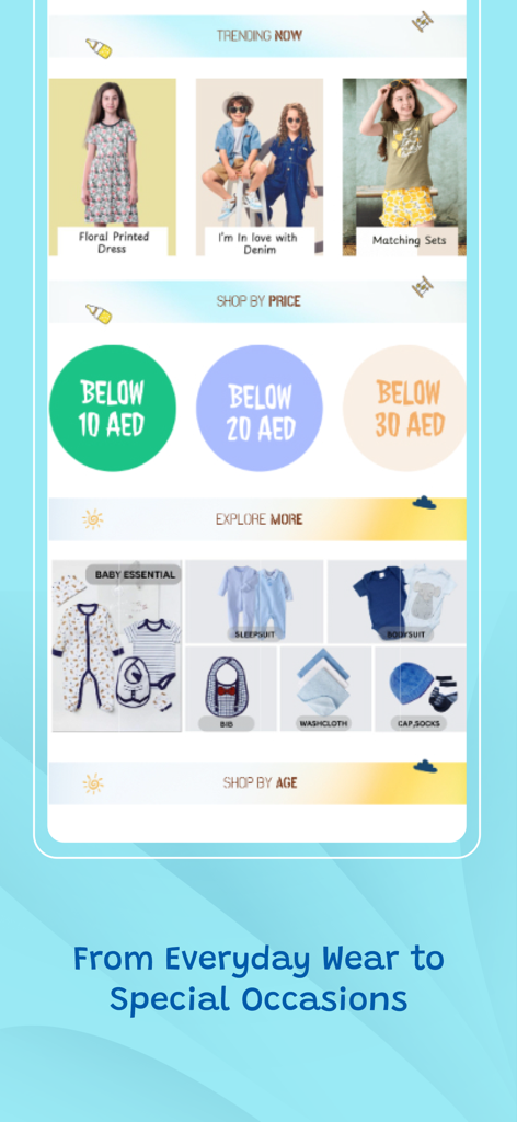 Interface de l'application SmartBabyUAE montrant les catégories de mode pour enfants tendance et de shopping par prix