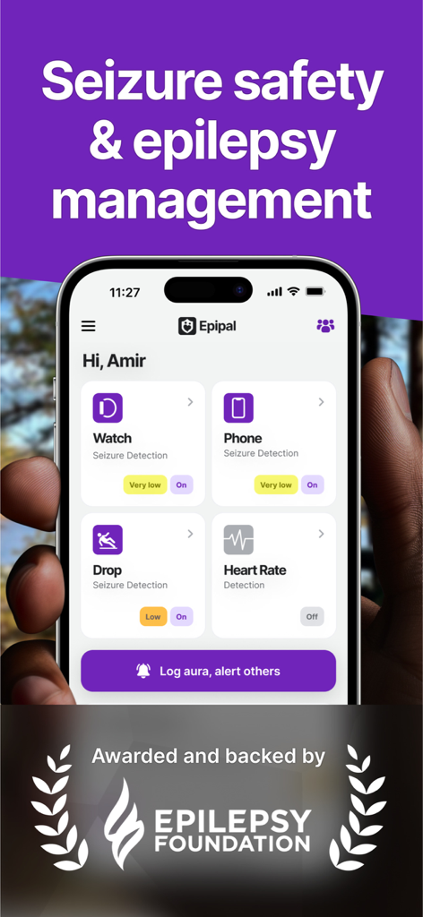 Panel de la aplicación Epipal en un smartphone mostrando el estado de detección de convulsiones para el reloj y el teléfono con el logo del premio de la Epilepsy Foundation