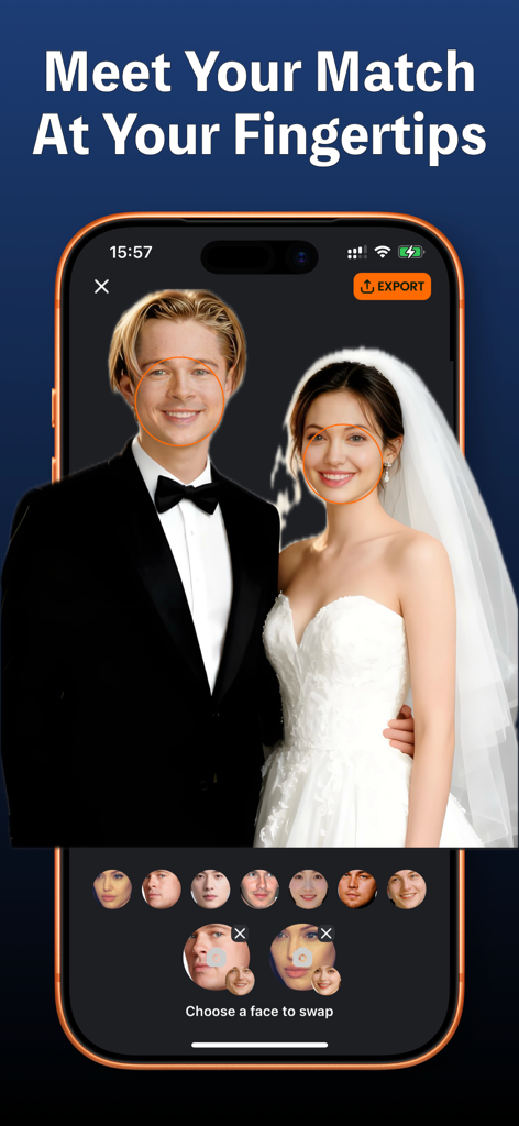 FaceXSwap:Offline AI Face Swap - Interfaz de la aplicación FaceXSwap que muestra la detección automática de caras en una pareja vestida de boda para intercambio de caras con IA.