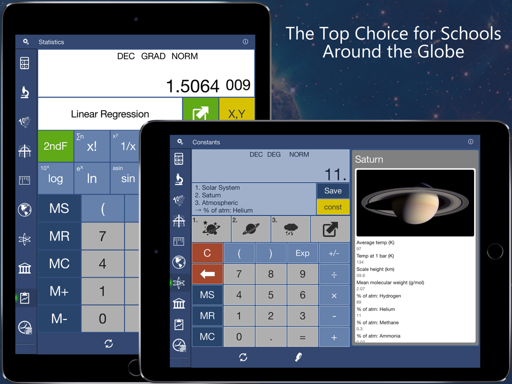 Calc Pro HD - Top Calculator! - Calc Pro HD app on iPad showing statistics linear regression and scientific constants for Saturn