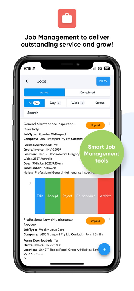 Formitize - Interface do aplicativo móvel Formitize para gerenciamento de tarefas de serviços de campo mostrando listas de tarefas ativas e rastreamento de status.