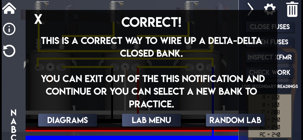 Success message for correctly wiring a Delta-Delta closed bank in the XFMR LAB app