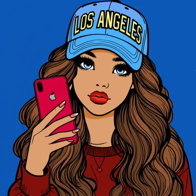 realistic beautiful girl wearing los ángeles cap holding an iphone
