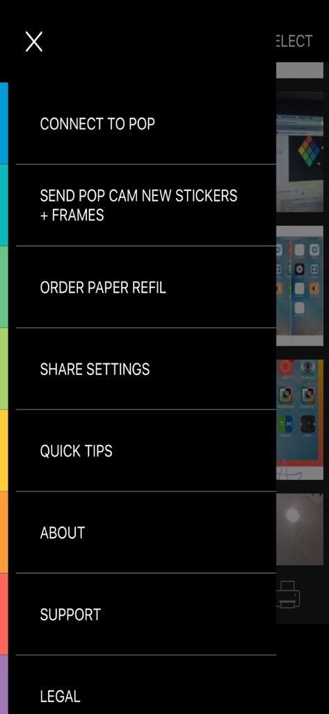 Side navigation menu of the POP Camera Printer app with options to connect devices and order paper refills.
