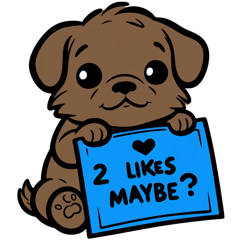 a puppy holding a sign that says 2 likes maybe?