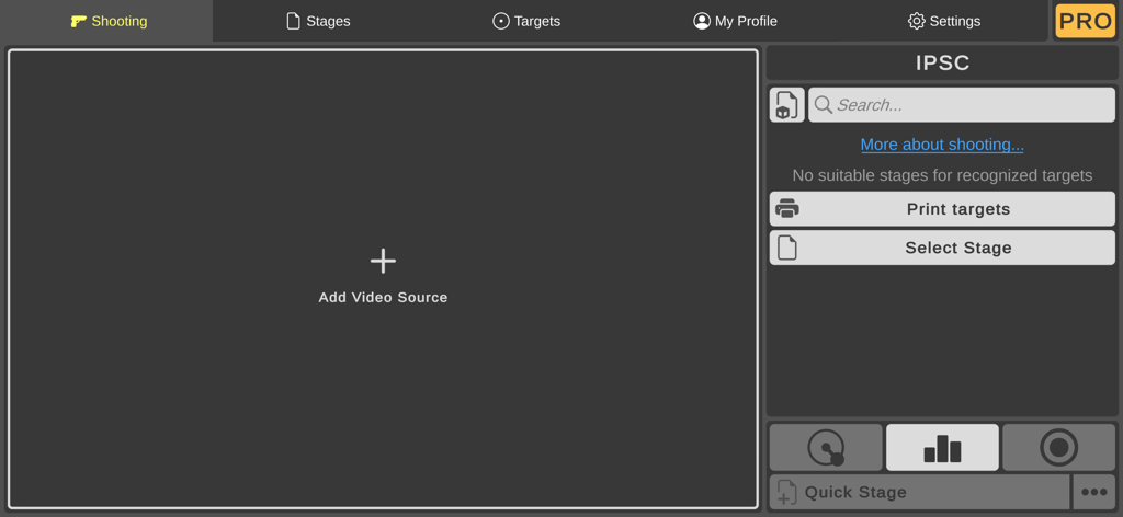 iShooter Mobile app interface showing shooting training setup with options for IPSC stages and target printing