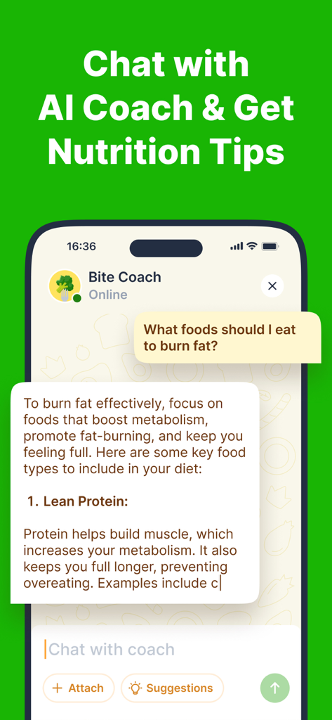 Una interfaz de chat en la aplicación Goodbite que muestra a un entrenador de nutrición con IA brindando consejos sobre alimentos para quemar grasa y proteínas magras