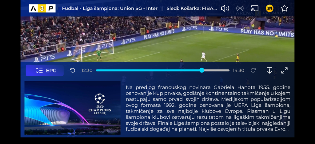 Oberfläche des Arena Cloud App-Streamings eines Live-Fußballspiels der UEFA Champions League