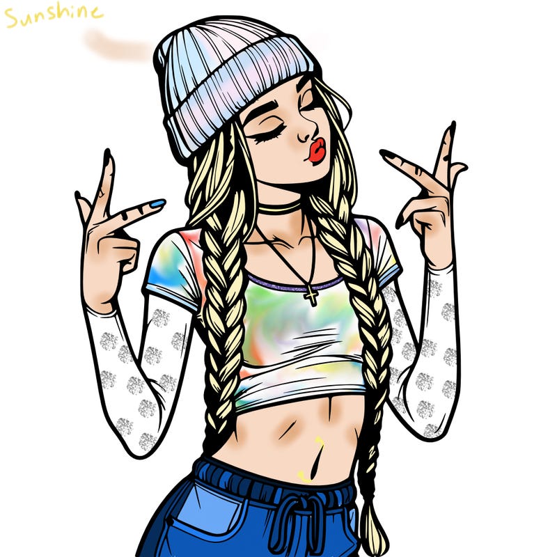 realistic teenage girl with braids and a beanie and crop top doing 🫶🏼