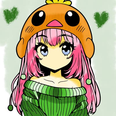 anime girl with chick shaped hat with sweater with bare shoulders with bangs covering them one eye with low tail