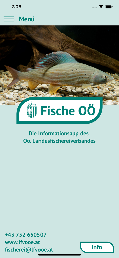 Fische OÖ - Schonbestimmungen - Home screen of the Fische OOe mobile app featuring a large photo of a grayling fish and the official logo of the Upper Austrian Fisheries Association