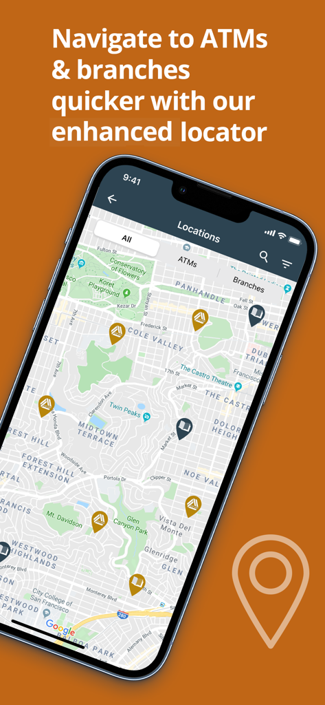 Captura de tela do aplicativo móvel SchoolsFirst FCU mostrando o mapa aprimorado do localizador de caixas eletrônicos e agências