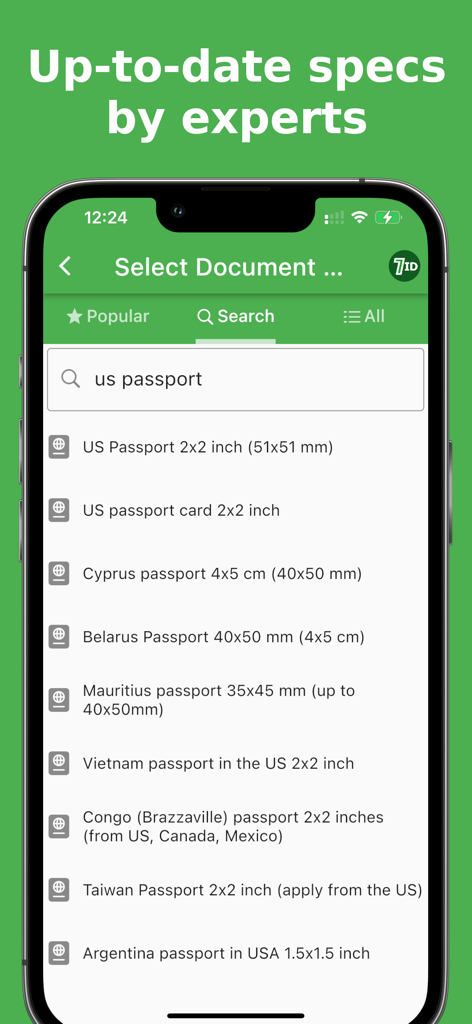 7ID: passport photos - A list of international passport photo specifications and sizes on the 7ID app search screen.