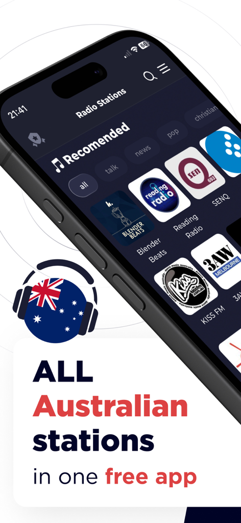 Australia Radio App Live DAB - User interface of the Australia Radio App on an iPhone showing recommended local stations like KISS FM and 3AW.
