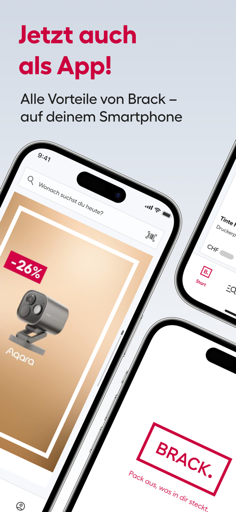 Brack – dein Online Shop - Interface do aplicativo móvel de compras online Brack mostrando ofertas de produtos e o logotipo Brack em smartphones