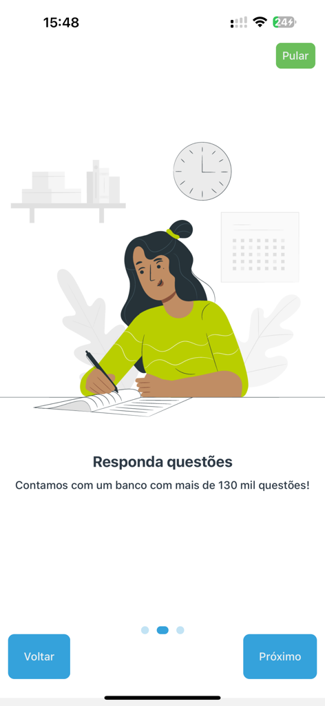 Estuda.com ENEM e Vestibular - Onboarding screen of the Estuda.com app showing an illustration of a student writing in a notebook with text about a question bank for exam preparation.
