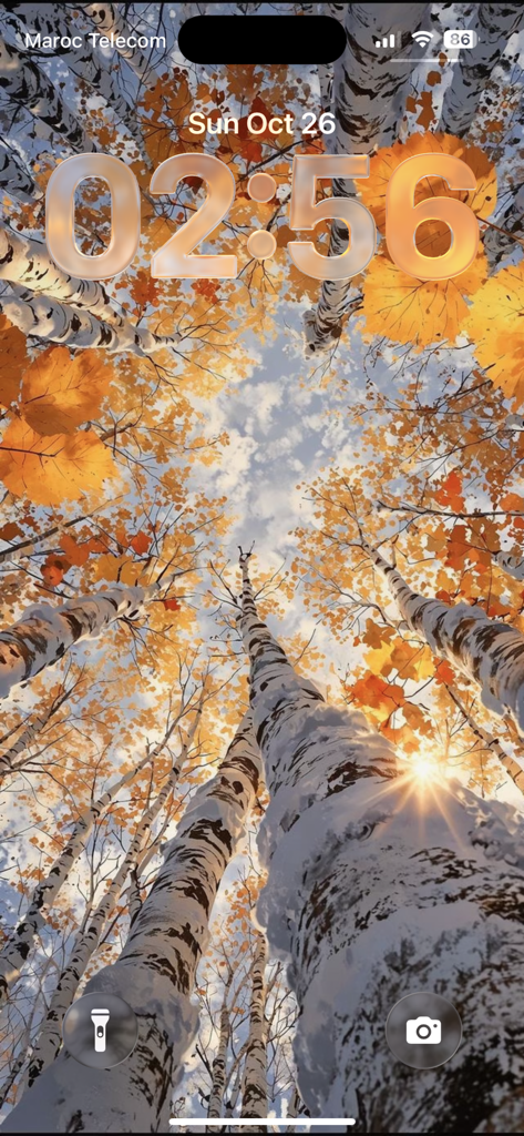 iPhone lock screen displaying an autumn birch forest wallpaper with a depth effect clock