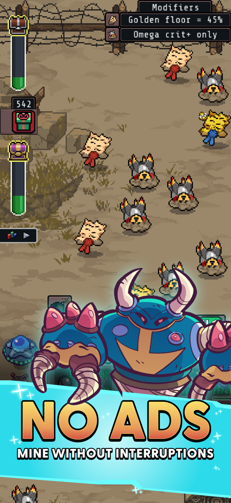 Idle Obelisk Miner - Idle Obelisk Miner mobile game screenshot featuring pixel art graphics and a banner highlighting the no ads feature