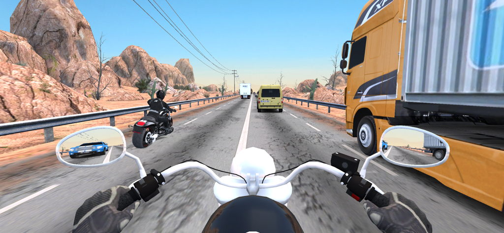 First person view of a motorcycle racing on a desert highway in Racing Fever Moto