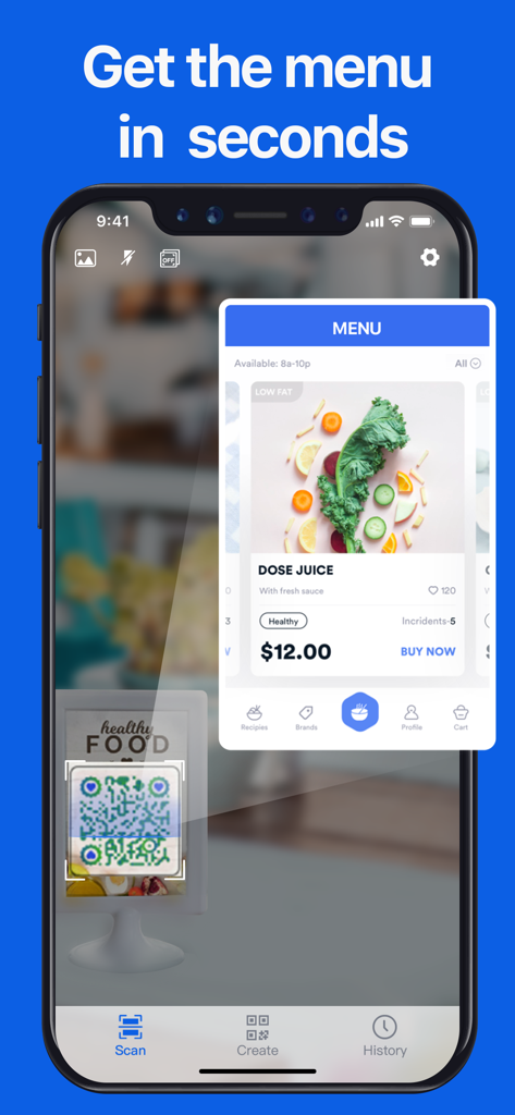 QR Code Reader - No Ads - Application de lecteur de code QR scannant une enseigne de restaurant pour afficher un menu numérique sur un smartphone
