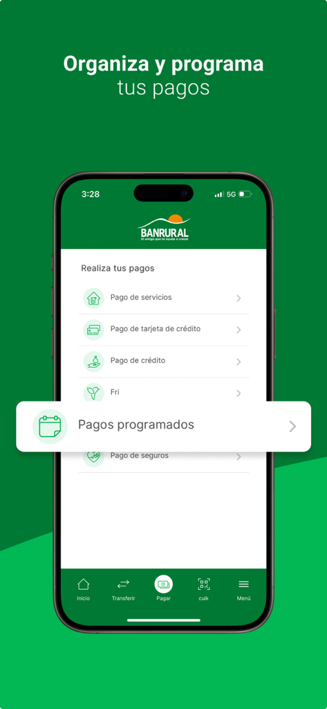 BANRURAL - Interfaz de la app de Banrural que muestra opciones para pagos de servicios, tarjetas de crédito, préstamos y pagos programados en español.
