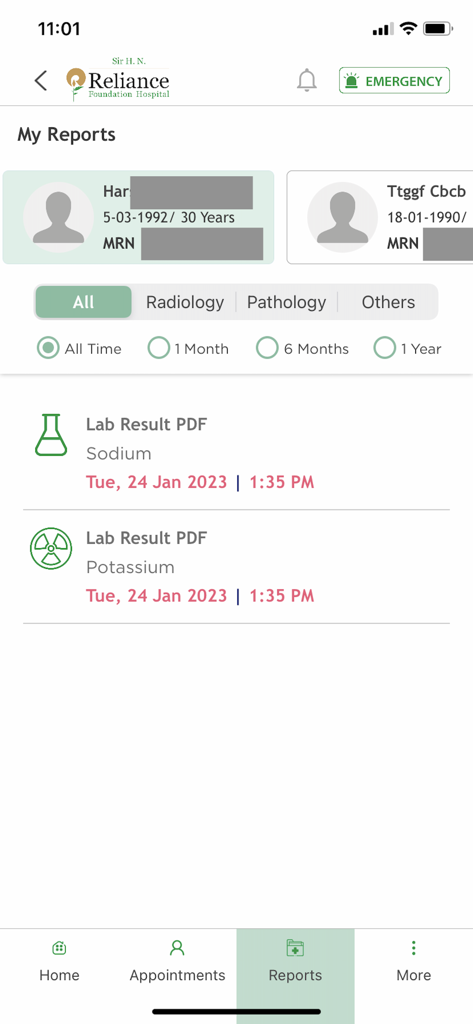 Reliance Foundation Hospital - Reliance Foundation Hospital app medical reports screen showing laboratory results