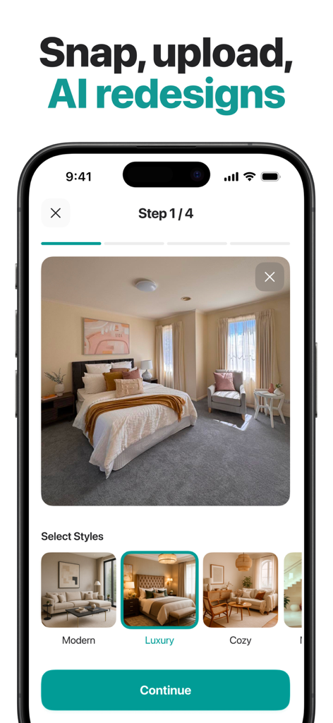 AI Home Design - Renovo - Interface of Renovo AI home design app showing style options like Modern and Luxury for a bedroom photo