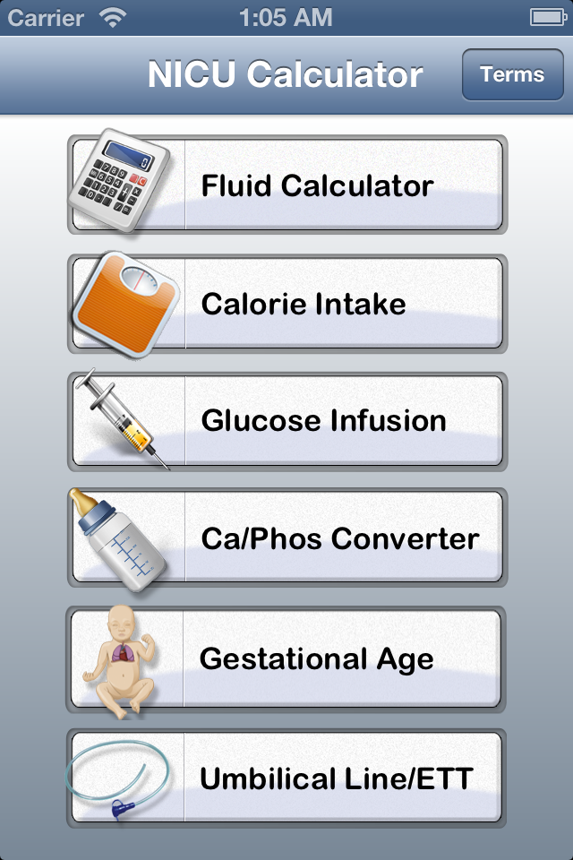 NICU Calculator - Main interface of NICU Calculator app showing various neonatal medical calculation features