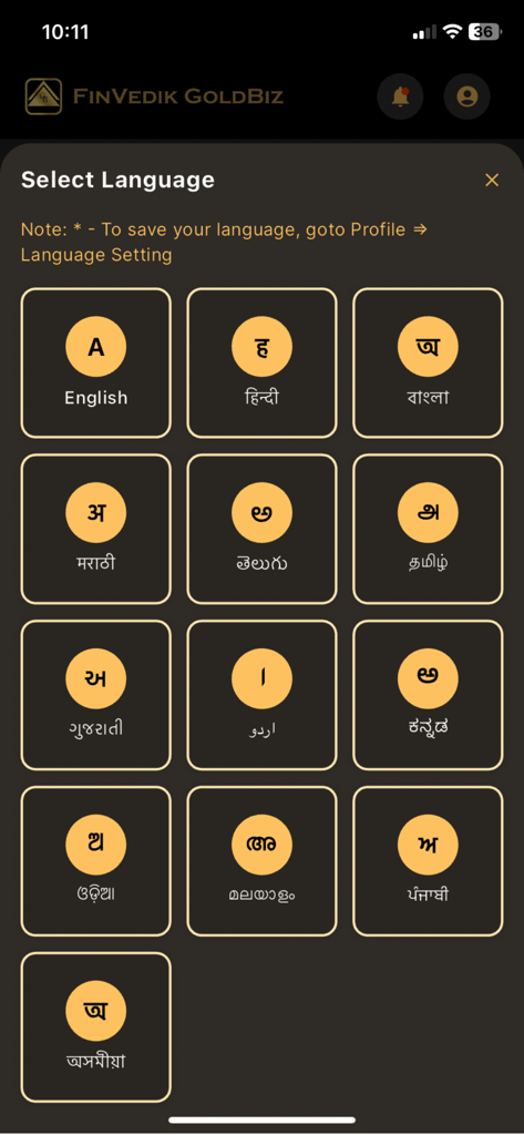 Gold Rate Today - India Live - Pantalla de selección de idioma en la aplicación Gold Rate Today con varios idiomas indios incluyendo inglés, hindi y tamil.