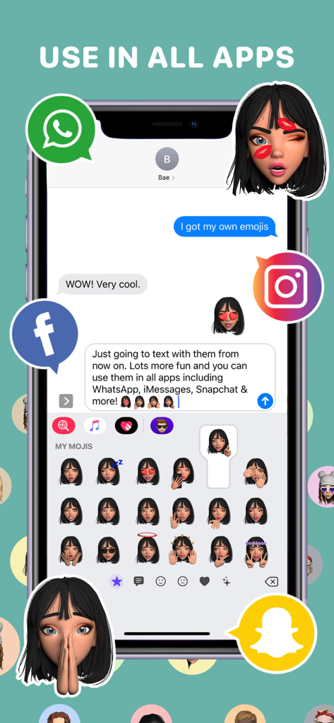 Uma tela de smartphone exibindo uma conversa de chat e um teclado cheio de emojis de avatar 3D personalizados cercado por ícones de redes sociais como WhatsApp, Instagram e Snapchat.