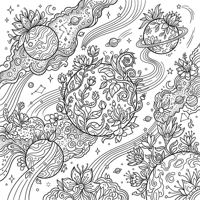 This captivating coloring page features rogue planets reimagined as blooming celestial gardens, swirling through a vibrant cosmic spring. Dive into an intricate universe where flora meets space, offering a truly unique and detailed artistic experience.