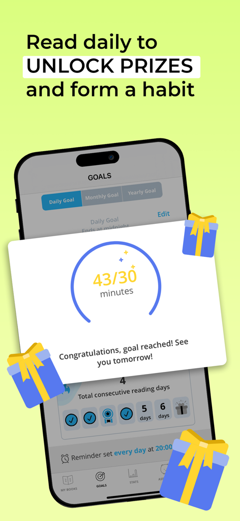 Bookly app interface showing a reached daily reading goal and consecutive reading days