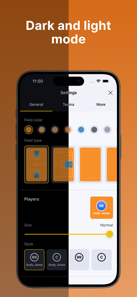Impostazioni dell'app Coach Tactic Board Basket che mostrano le modalità scura e chiara.