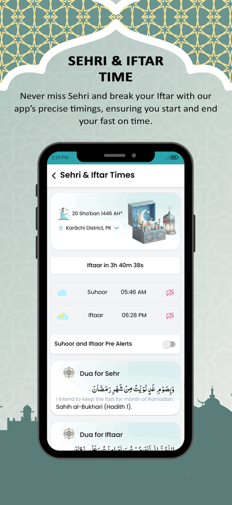 Islamuna: Prayer, Ramadan, Dua - Islamuna app interface showing precise Sehri and Iftar times with daily Duas for fasting
