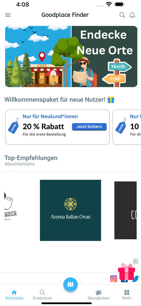 Good Place Finder - The home screen of the Good Place Finder app featuring local spot recommendations and a welcome discount coupon