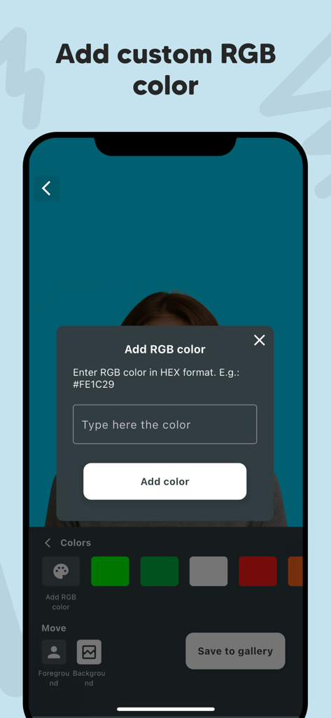 Video Background Changer Proアプリで動画の背景にカスタムHEXコードを入力するためのポップアップが表示されているモバイルインターフェース。