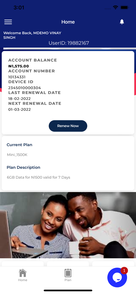 Home screen of the Spectranet Selfcare app showing account balance and data plan details
