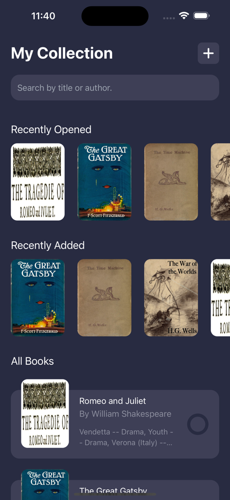 Inkwell - Customizable Ebooks - Inkwell app library interface showing recently opened and recently added ebooks like The Great Gatsby