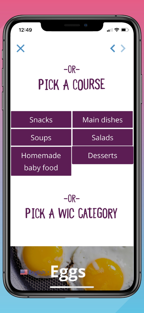 WICShopper app screen showing recipe course selection for snacks main dishes and homemade baby food